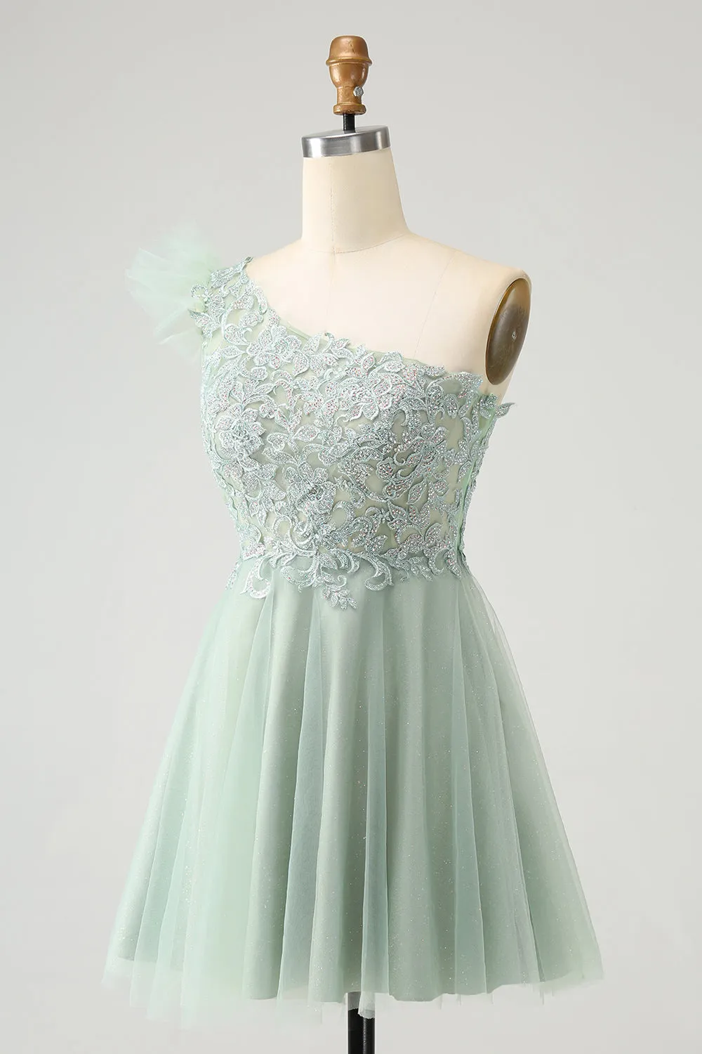 Luolandi Dusty Sage A Line One Shoulder Short Homecoming Dress with Beading Beautiful
