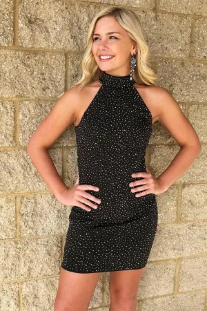 Luolandi Generous Open Back Knee-Length Black Halter Homecoming Dress with Beading Sexy Party Dresses