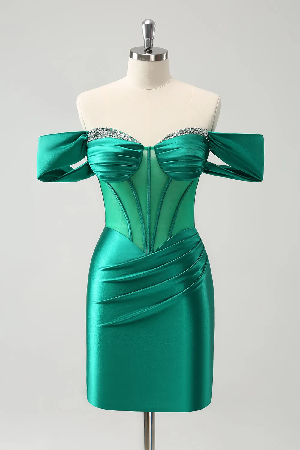 Luolandi Glitter Green Tight Off the shoulder Corset Homecoming Dress with Beading Sexy Party Dress