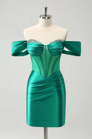 Luolandi Glitter Green Tight Off the shoulder Corset Homecoming Dress with Beading Sexy Party Dress
