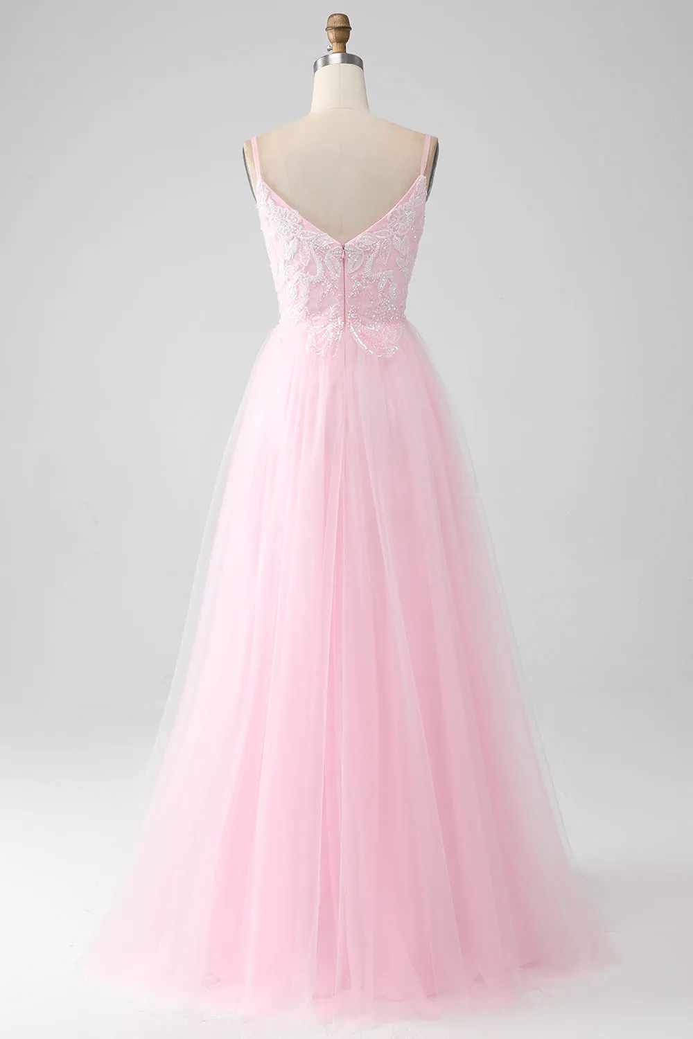 Luolandi Light Pink A-Line Spaghetti Straps Sequins Prom Dress with Beading V-neck Floor Length