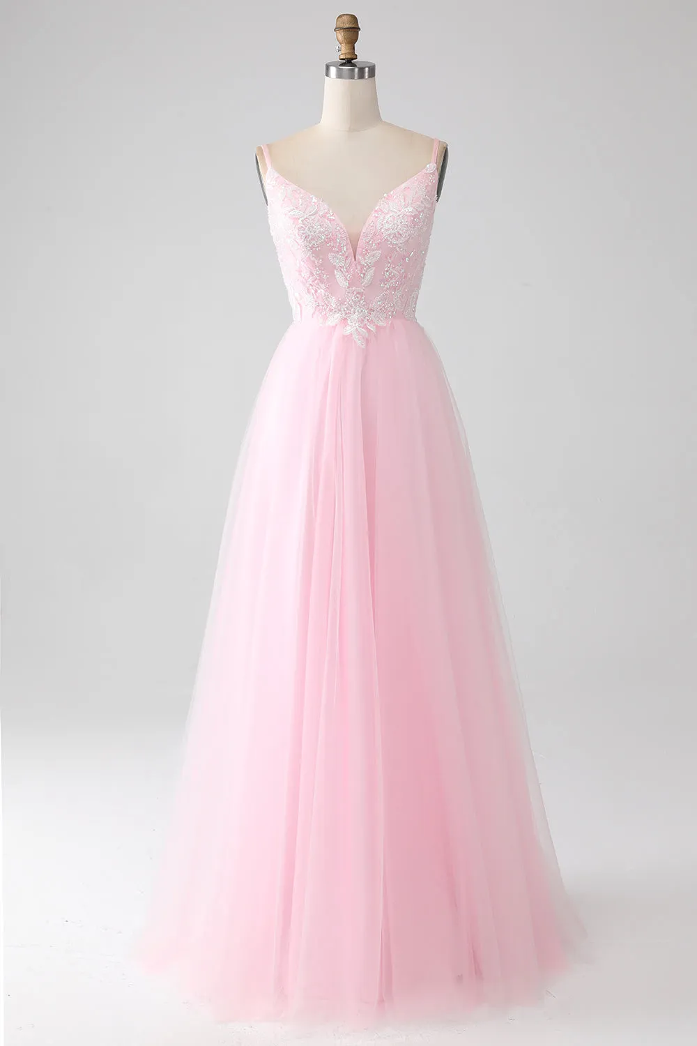 Luolandi Light Pink A-Line Spaghetti Straps Sequins Prom Dress with Beading V-neck Floor Length