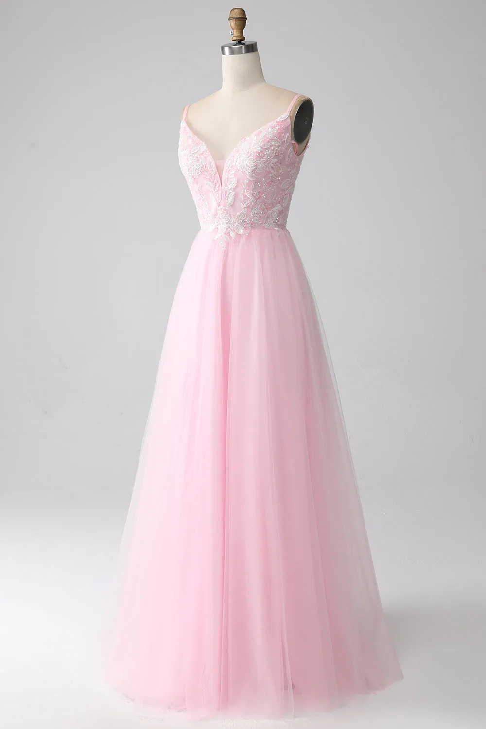 Luolandi Light Pink A-Line Spaghetti Straps Sequins Prom Dress with Beading V-neck Floor Length