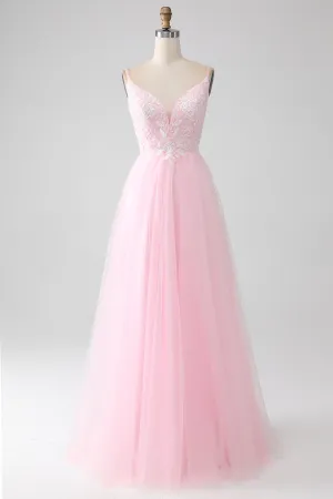 Luolandi Light Pink A-Line Spaghetti Straps Sequins Prom Dress with Beading V-neck Floor Length