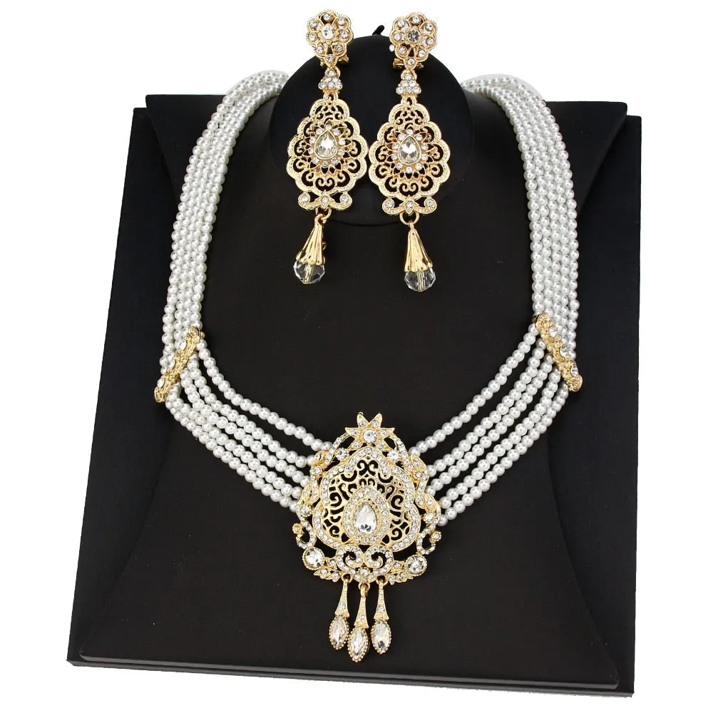 Neovisson High Quality Natural Stone Beaded Necklace Drop Earring Morocco Bride Wedding Jewelry Set Women Favorite Gift