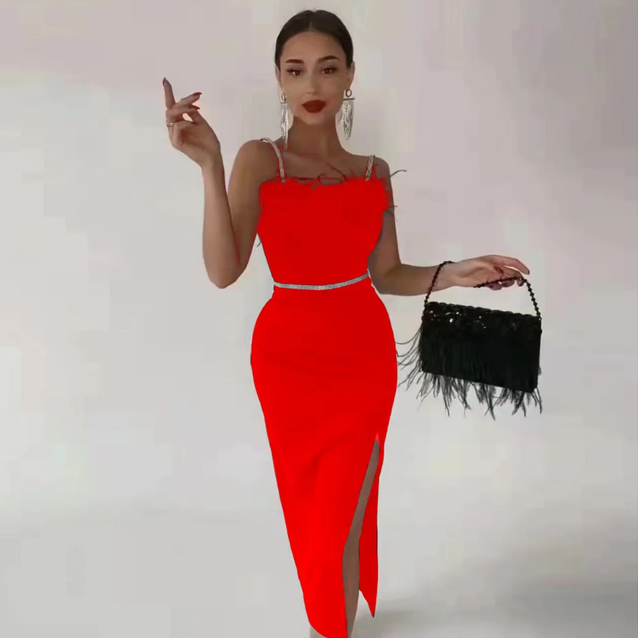 Sexy Feathers Beading Bandages Dress