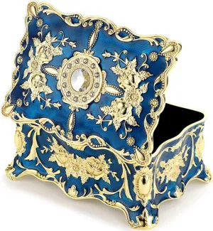 YWHWXB Vintage Metal Jewelry Box,Small Multi-Compartment Treasure Chest Case, Rectangle Trinket Organizer,Earrings Ring Necklace Bracelet Storage Box,Ideal Keepsake Box for Women Girls (Golden Blue)